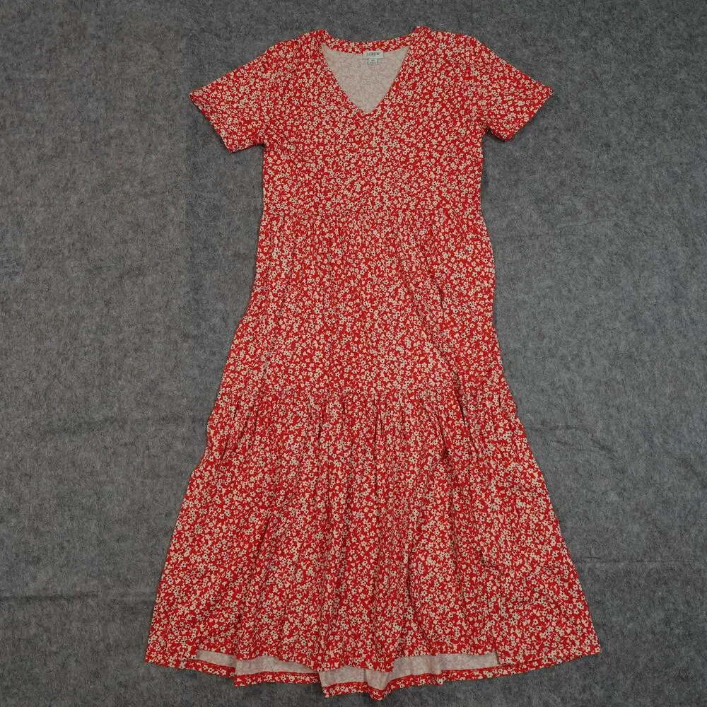 J. Crew Dress Womens Extra Small‎ Midi Tiered Knit Floral Short Sleeve V-Neck